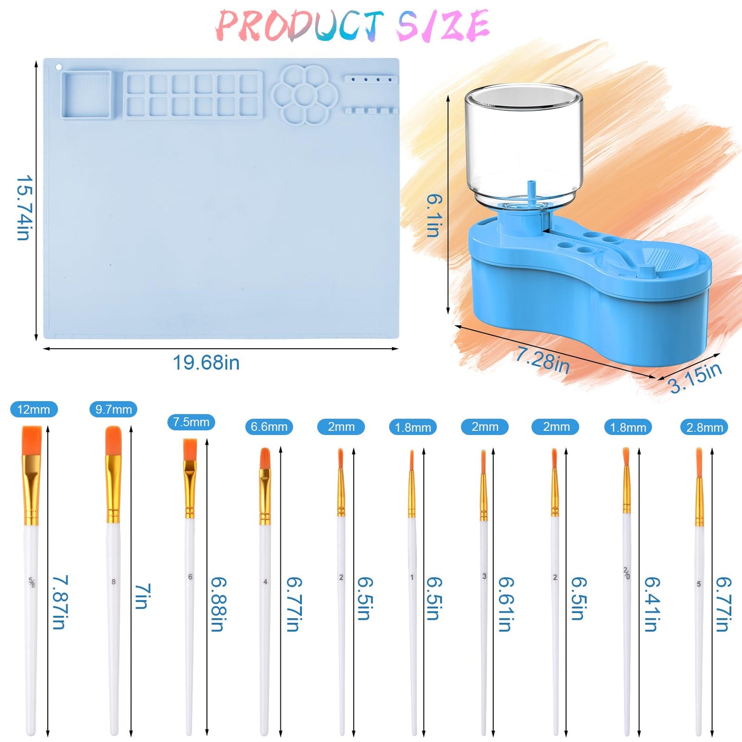 Painting Station, Silicone Painting Mat and Paint Brush Cleaner, 20"X16" Silicone Art Mat with 10 Paint Brushes, Paint Brush Rinser, Art Painting Supplies Set (Blue)