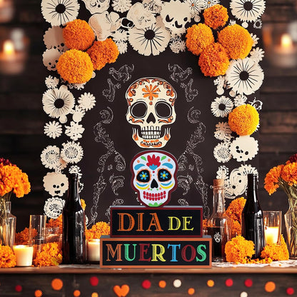 DECSPAS Day of the Dead Decorations, Wood Block Sugar Skull Dia De Los Muertos Decorations with DIA DE MUERTOS Sign, 3-Layered Wooden Skeleton Decor for Altar, Ofrenda, Home, Table, Mexican Fiesta