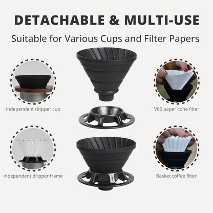 Collapsible Coffee Dripper - Silicone Reusable Pour Over Coffee Maker for Camping, 1-2 Cup (Black)