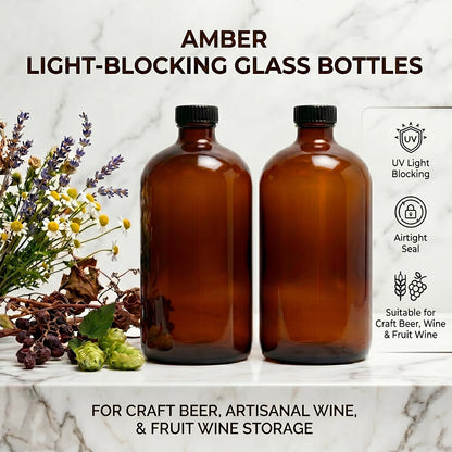 2 Pack 1000ml (32oz) Amber Glass Boston Round Bottles with Black Screw Caps - Empty Refillable Brown Glass Bottles for Essential Oils, Lab Chemicals, Cosmetics, Cleaning Solutions & Homemade Products