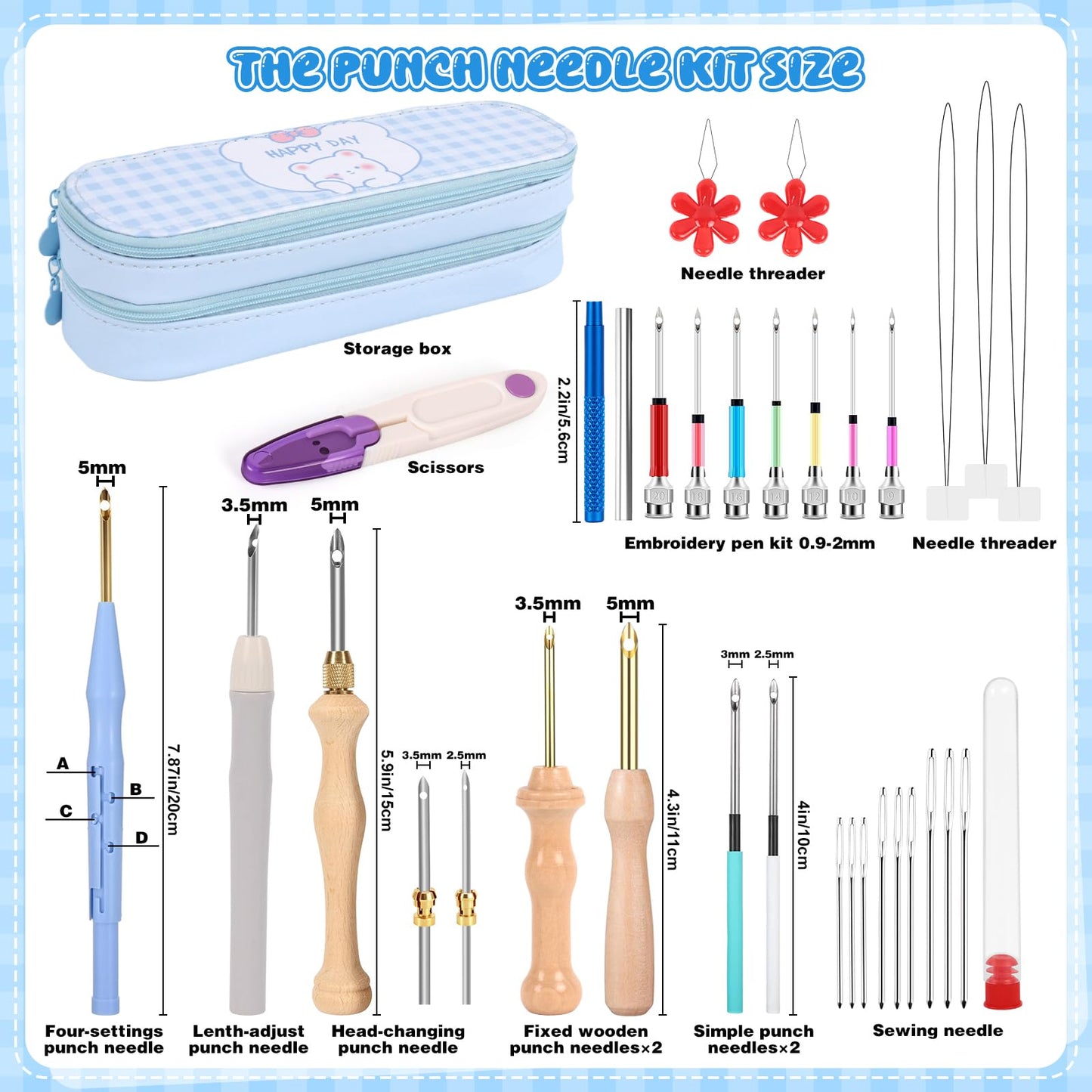 35Pcs Punch Needle Kit Adult Beginner, Adjustable Punch Needle Tool with Different Size Needles & Storage Case, Wooden Handle Embroidery Pen Set for Gifts, Decoration & DIY Craft Project