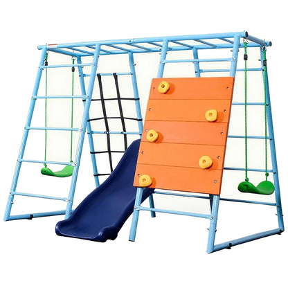 YuAnWe 6 in 1 Indoor Playground, Metal Jungle Gym with Climbing Wall, Slide, Monkey Bars, Rope Ladders and Two Swings, Playset for Kids Ages 3-12