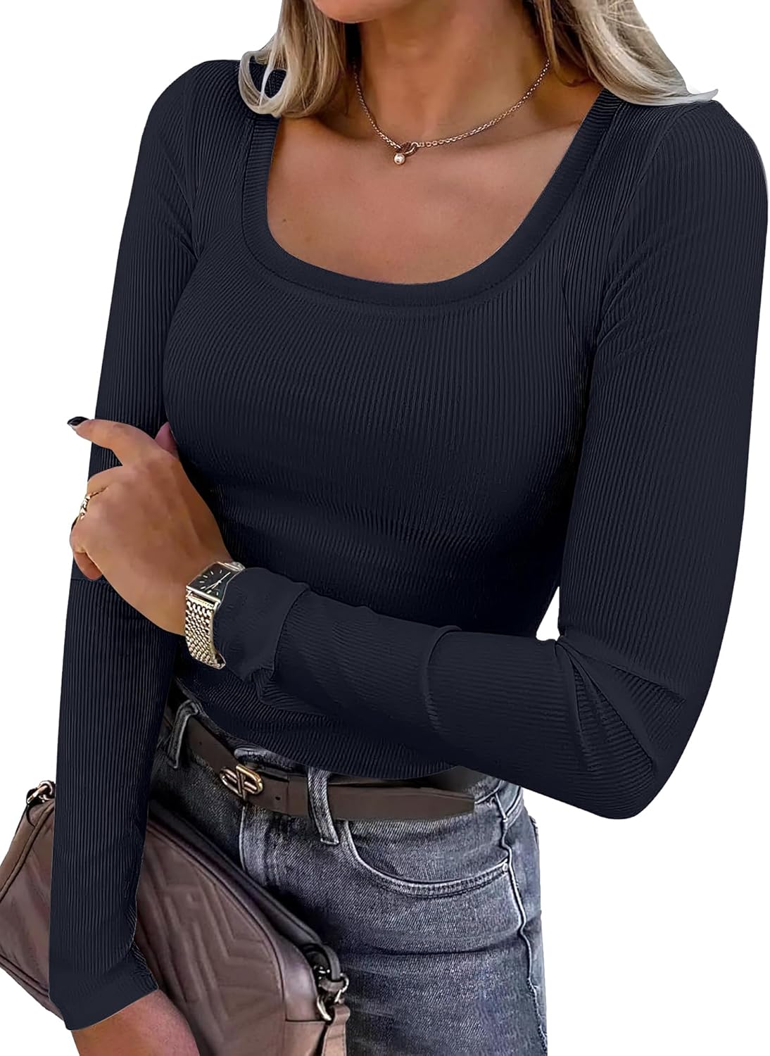 ANRABESS Womens Long Sleeve Shirts Scoop Neck Ribbed Knit Slim Fitted Tops Casual Basic Tee 2025 Fall Fashion Outfits Clothes