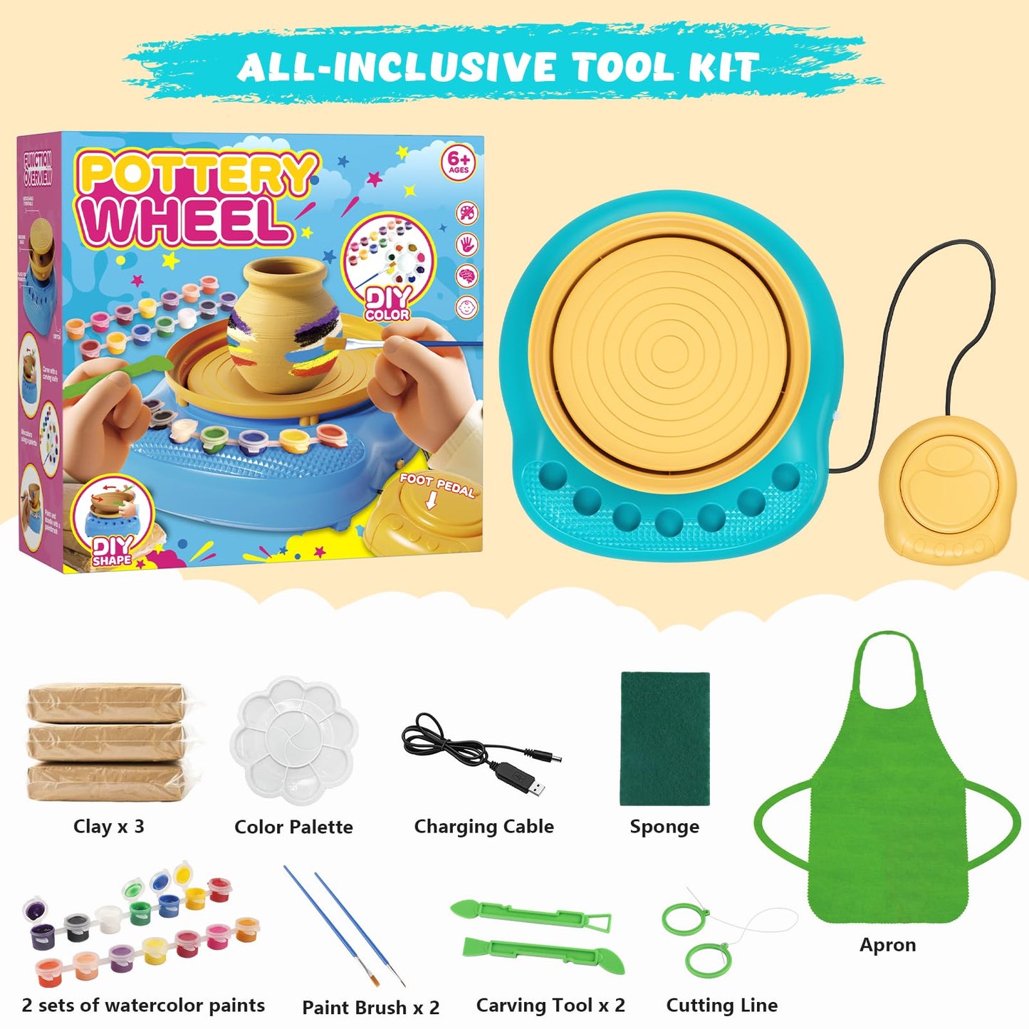 TingingYuli Pottery Wheel for Kids with Clay Kit - Arts and Crafts for Kids Ages 6-8 8-12, Complete Pottery Kit with Air Dry Clay and Painting Tools, Easter Christmas Birthday Gift for Boys Girls