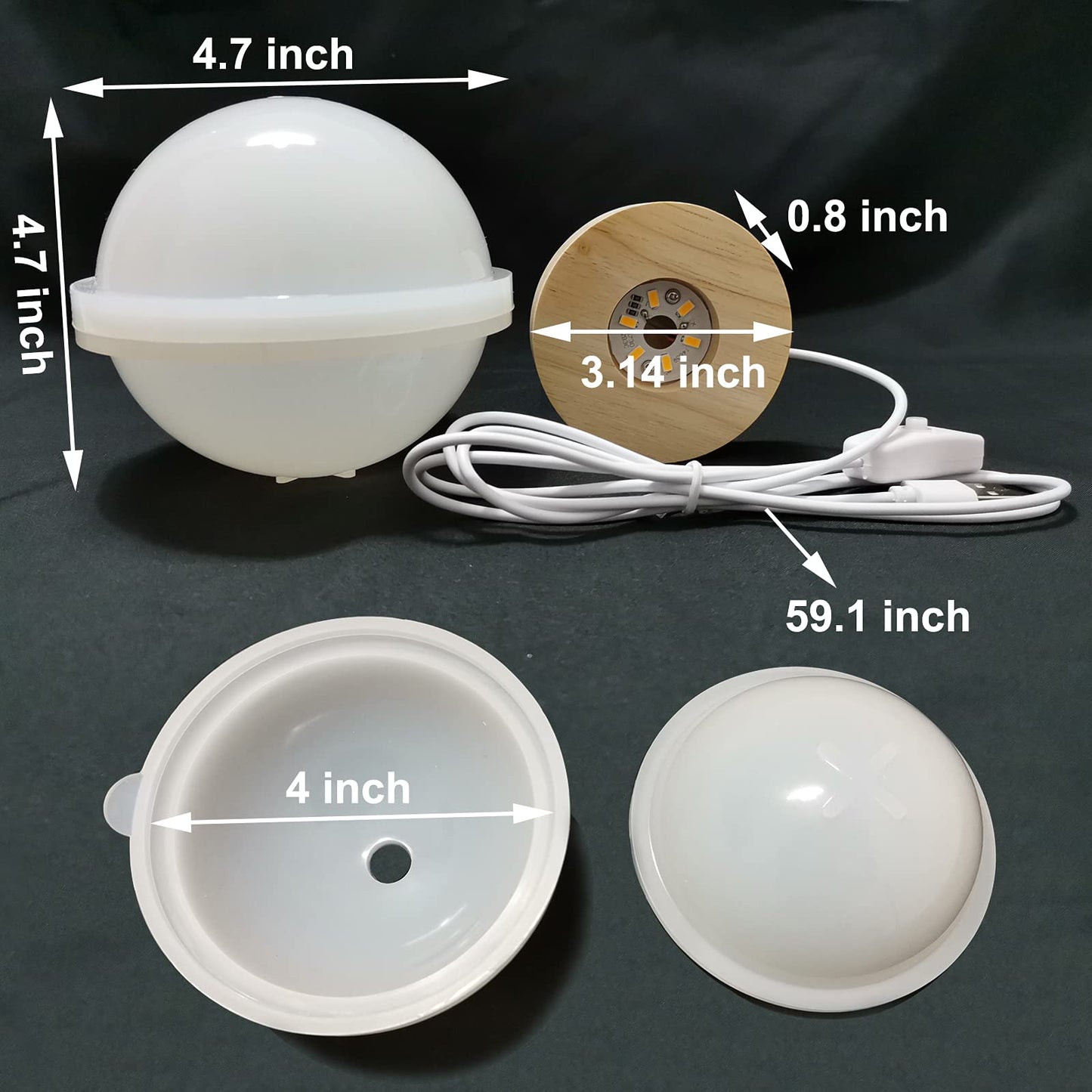 Voaesdk 4 inch Large Sphere Round Light Resin Mold,LED Silicone Resina Mould with 1Pcs USB Powered Wooden Lighted Base Stand for DIY Table Crafts Party Wedding Desktop Lamp Home Decor
