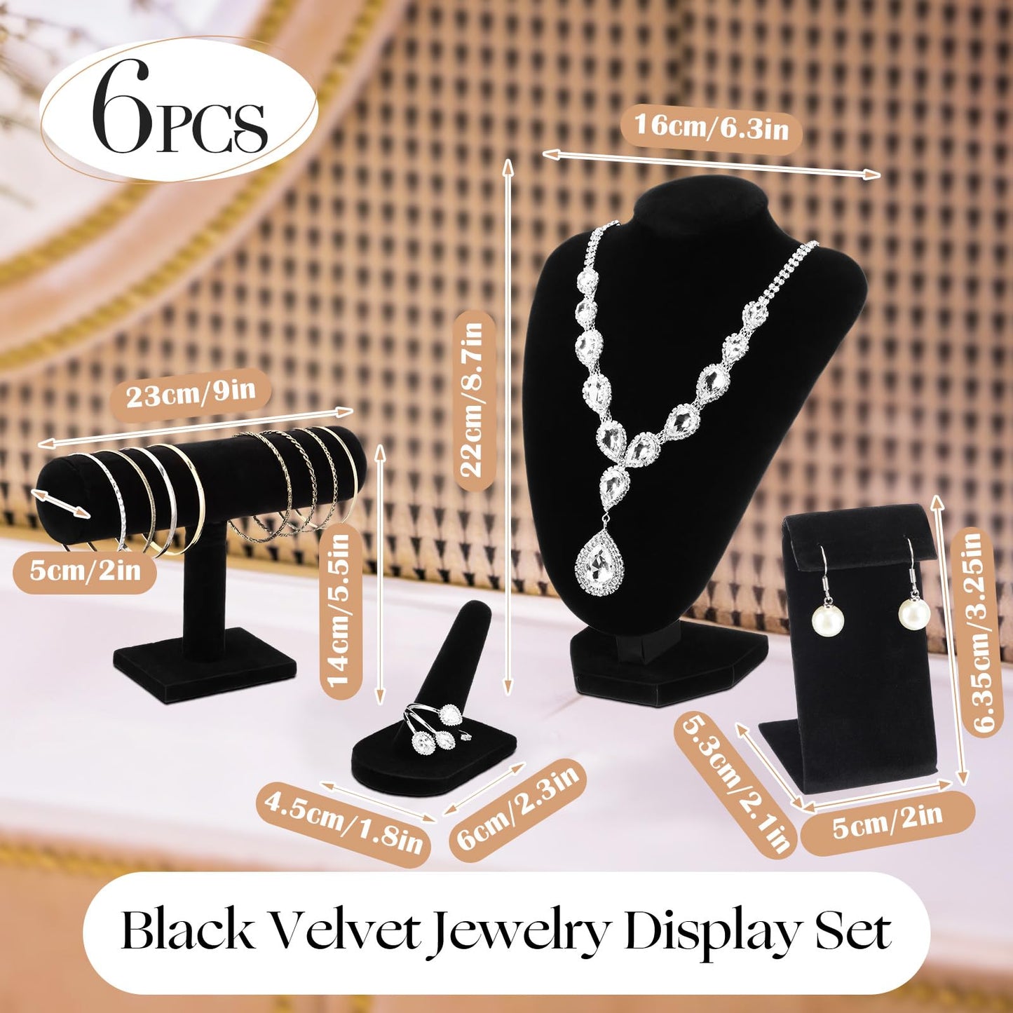 Wenqik 6 Pcs Velvet Jewelry Display Set Velvet Necklace Mannequin Bust Stand T Bar Bracelet Holder 2 Earring Stand 2 Ring Finger Jewelry Holder for Home Decor Showcase