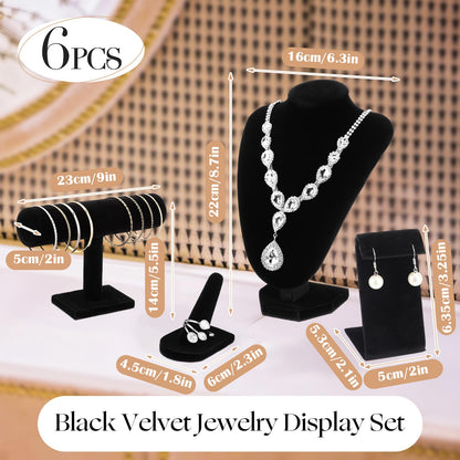 Wenqik 6 Pcs Velvet Jewelry Display Set Velvet Necklace Mannequin Bust Stand T Bar Bracelet Holder 2 Earring Stand 2 Ring Finger Jewelry Holder for Home Decor Showcase