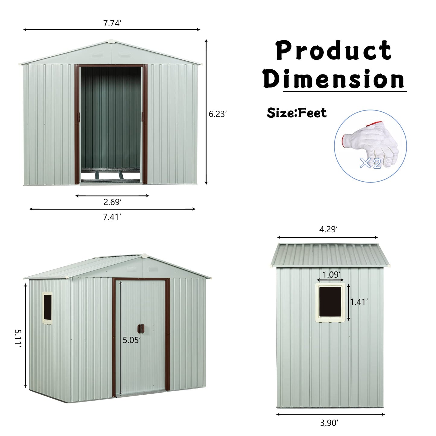 Favfurish 8 x 4 FT Outdoor Storage Shed with Side Window, Metal Garden Shed w/Sliding Doors & Lock, Floor Base and Air Vents, Utility Tool Storage House for Backyard Lawn, White