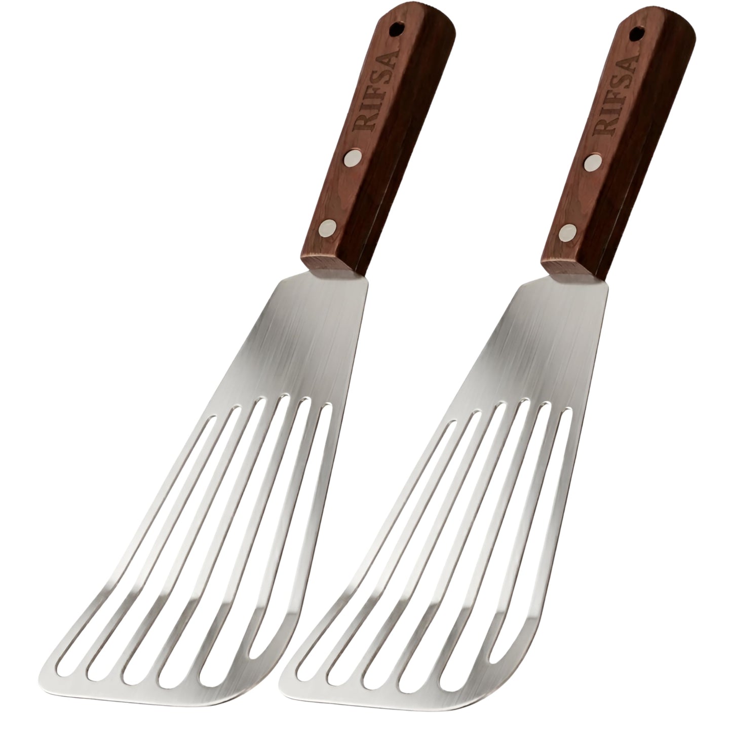 Fish Spatula Stainless Steel Pack of 2 | Slotted Fish Turners for Nonstick Cookware Elegant Silver Blade with Natural Walnut Wooden Handle, 11” Flexible Spatula for Home & Professional Cooking