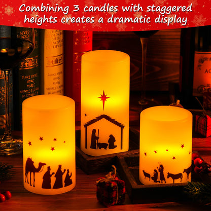 Nuanchu 3 Pcs Nativity Scene Candles Flameless Christmas LED Candles Battery Operated Warm Light for Advent Indoor Outdoor Home Table Decorations Christmas Holiday Decor