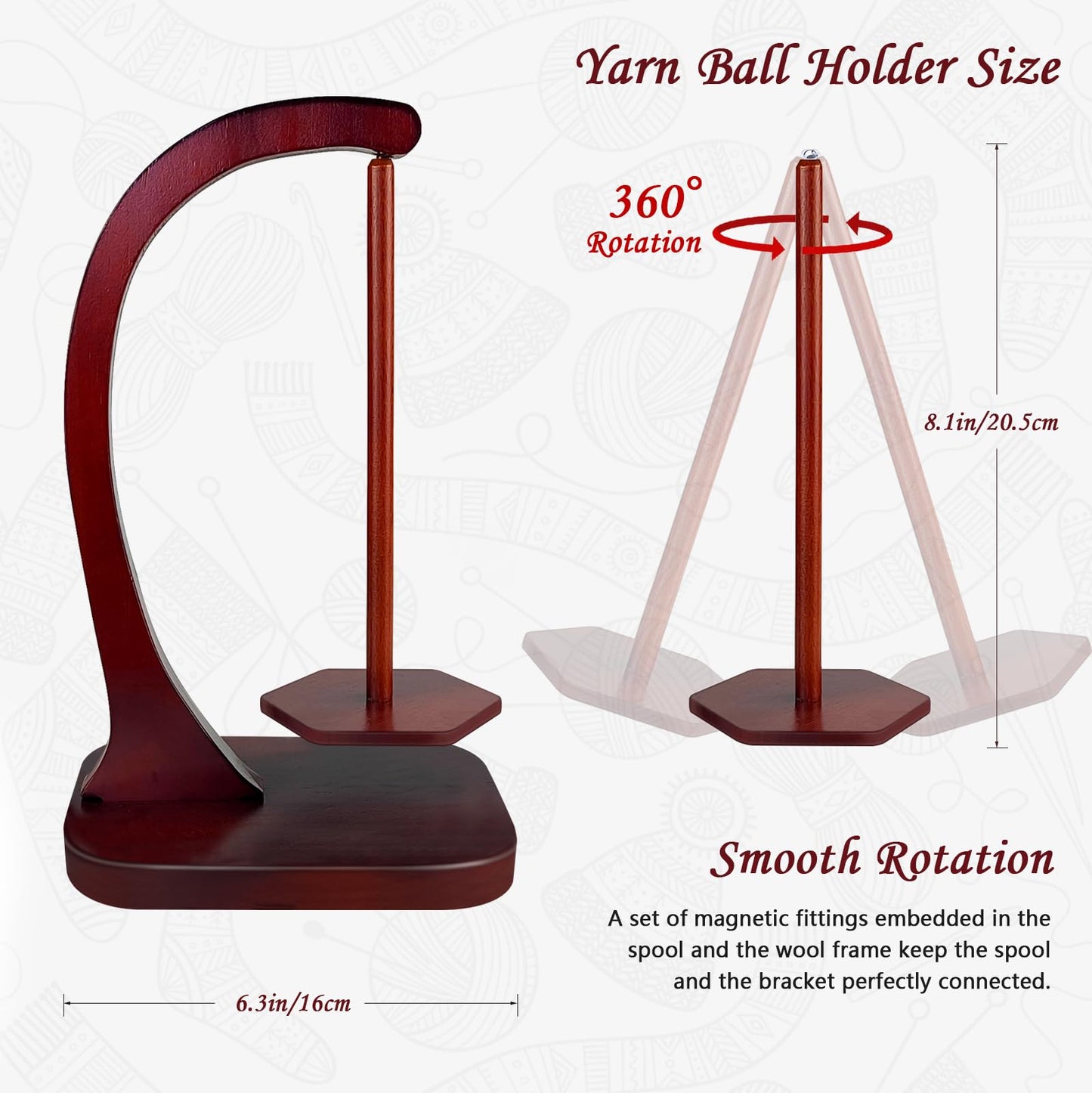 JUCPASH Yarn Holder for Crocheting and Knitting, Wooden Yarn Spinner with Magnetic Rotating Mechanism and Anti-Slip Pads, Crochet Accessories Birthday Gifts for Women Mom Wife Grandma Mother (Brown)