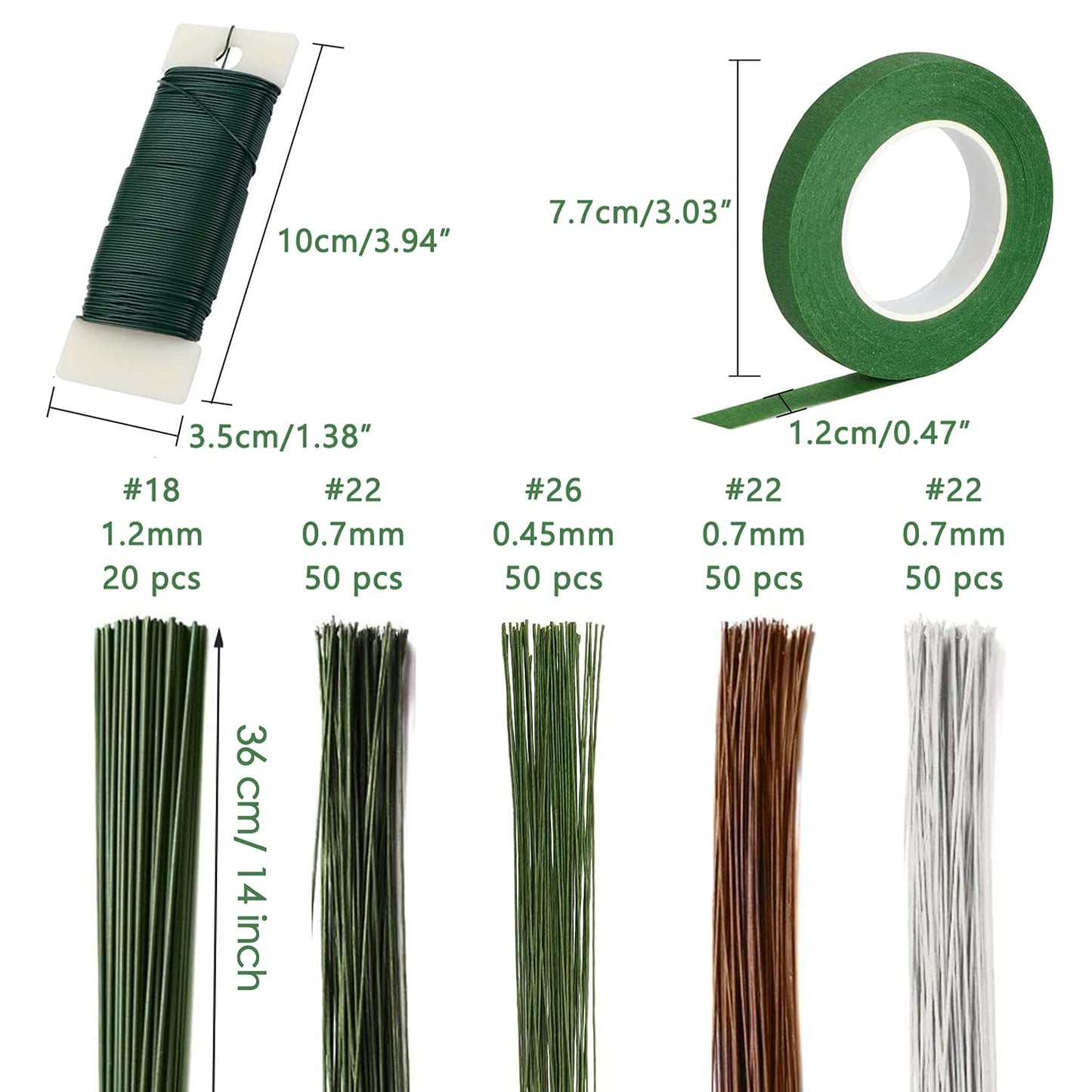 Floral Tape and Floral Wire Arrangement Tools Kit with 6 Rolls 1/2" Wide Floral, 18/22/26 Gauge Stem Wire and 22 Gauge Paddle Wire for Bouquet Stem Wrap Florist