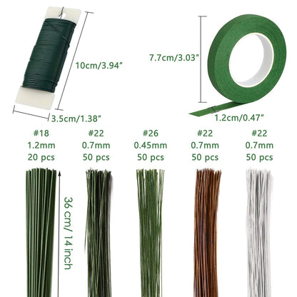 Floral Tape and Floral Wire Arrangement Tools Kit with 6 Rolls 1/2" Wide Floral, 18/22/26 Gauge Stem Wire and 22 Gauge Paddle Wire for Bouquet Stem Wrap Florist