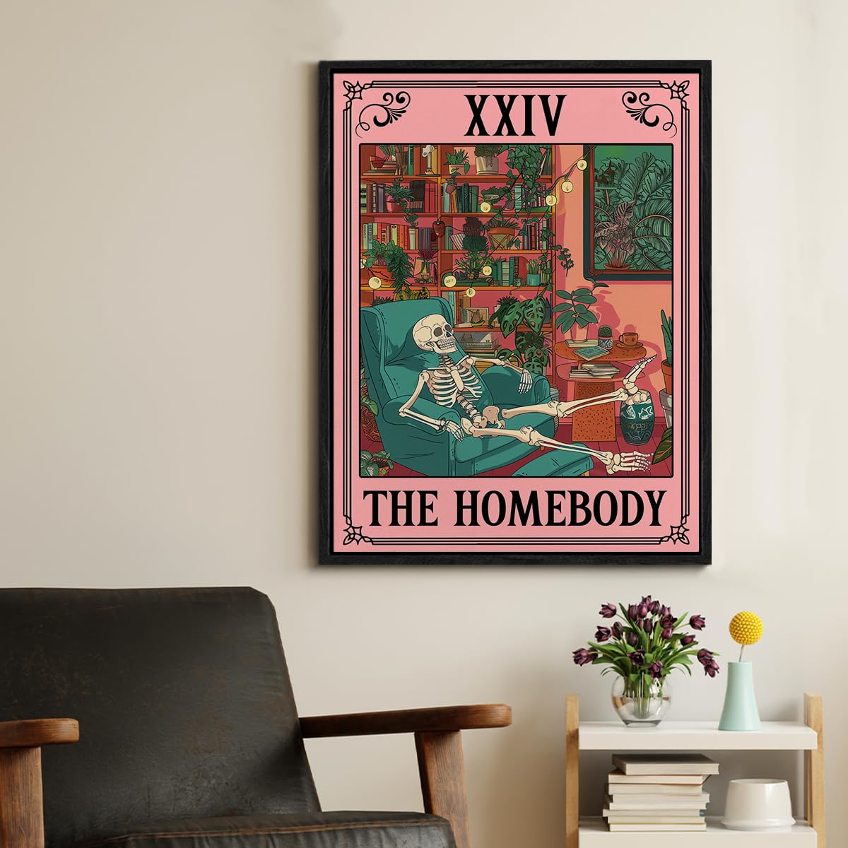 Spooky Framed Canvas Wall Art the Homebody Tarot Card Poster Print Wall Decor Sarcastic Skeleton Painting for Home Office Living Room Bedroom Decoration 11.5x15 Inches
