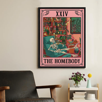 Spooky Framed Canvas Wall Art the Homebody Tarot Card Poster Print Wall Decor Sarcastic Skeleton Painting for Home Office Living Room Bedroom Decoration 11.5x15 Inches