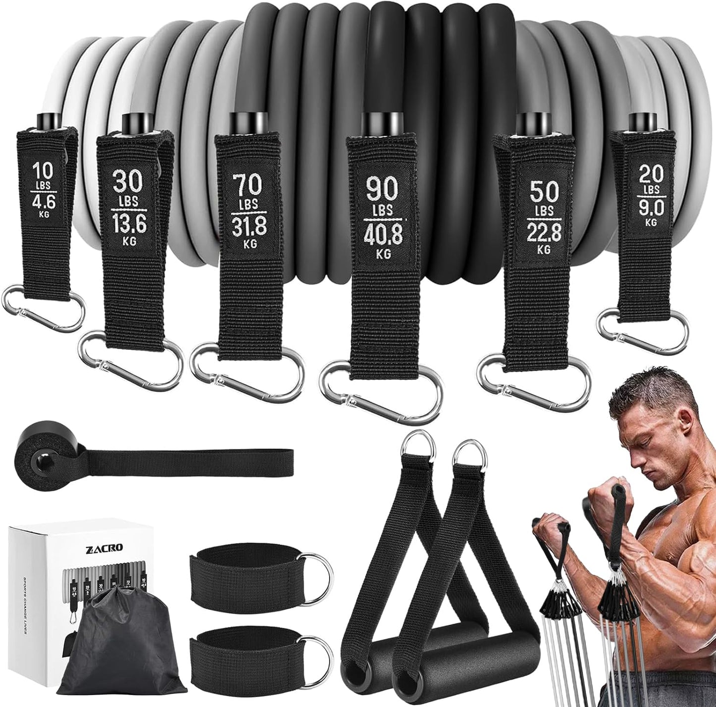 Zacro Resistance Bands for Working Out, 270 LBS Heavy Exercise Bands with Handles for Heavy Resistance Training, Home Gym Workout, Men/Women