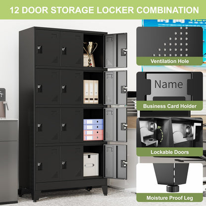 pozdeg Metal Lockers for Employees, 12 Doors Steel Storage Locker with Name Card Holders & Ventilation Holes, Heavy Duty Employee lockers for Office School Gym Garage, Easy Assembly, Black ﻿