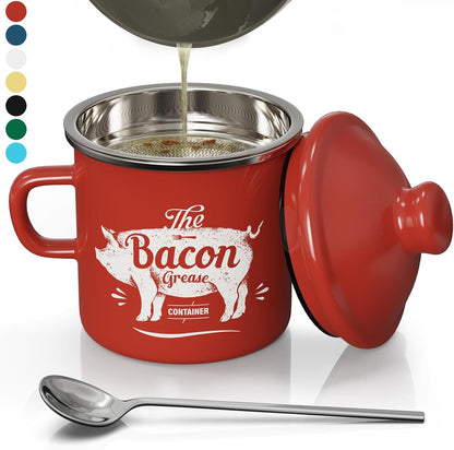 15OZ PGYARD Mini Bacon Grease Container With Strainer - Enamel Grease Saver, Farmhouse Bacon Grease Keeper For Kitchen