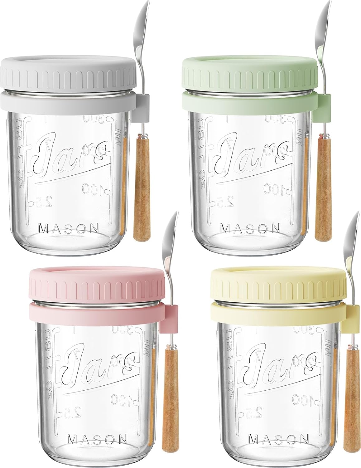 16oz 4 Pack HomArtist Overnight Oats Containers with Lids and Spoons, Wide Mouth Mason Jars with Airtight Lids
