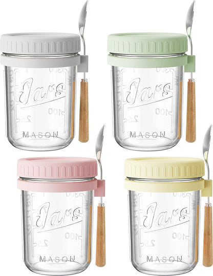 16oz 4 Pack HomArtist Overnight Oats Containers with Lids and Spoons, Wide Mouth Mason Jars with Airtight Lids