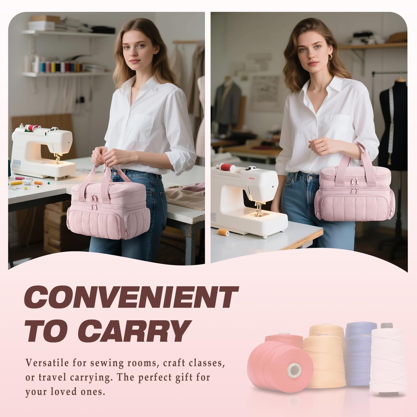 Marscamd Puffer Sewing Organizer Bag, Large Capacity with Multiple Pockets and Detachable Dividers, Storage Box for Threads, Needles, Scissors, Craft Supplies, Pink (Bag ONLY, NO Supplies)