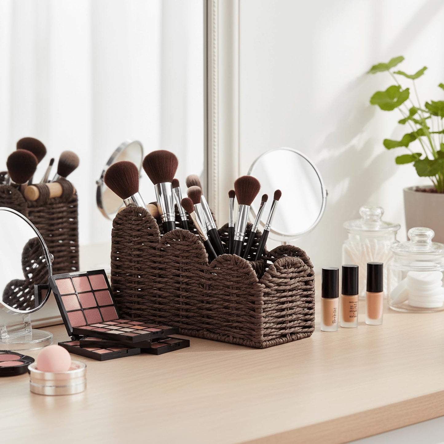 CubesLand Bedside Table Desk Organizer Caddy, Remote Pen&Pencil Holder Cup, Makeup Brush Holder w/Scalloped Perfect for Home, Office Desk, Living Room Table Decor, 3 Slots Brown