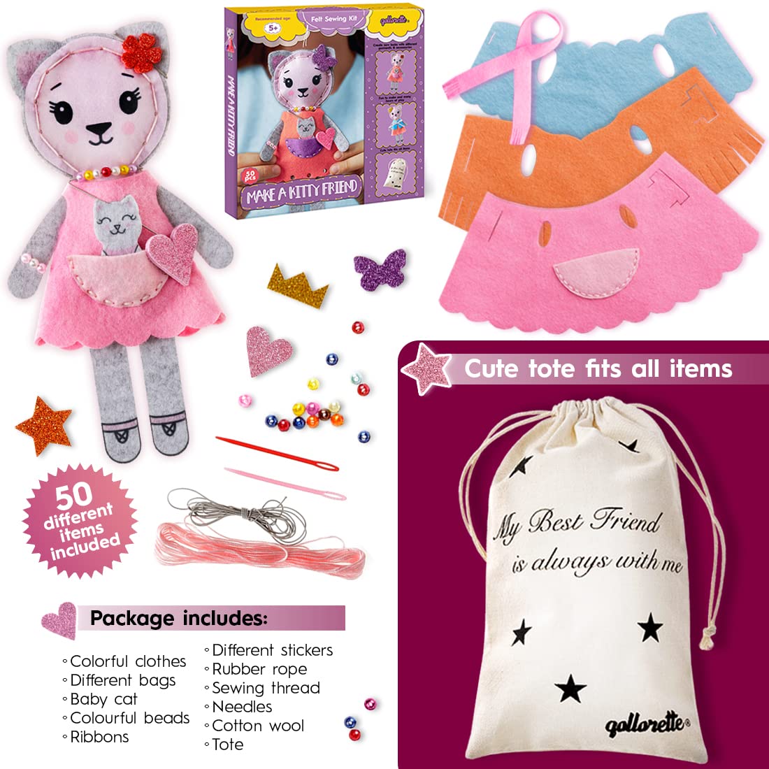 qollorette Felt Sewing Kit for Children, Make Your Own Kitty Toy, Kids' Craft Kit - Make A Friend Sew Kit - Beginner Sewing Kit for Kids, Learn to Sew & Play