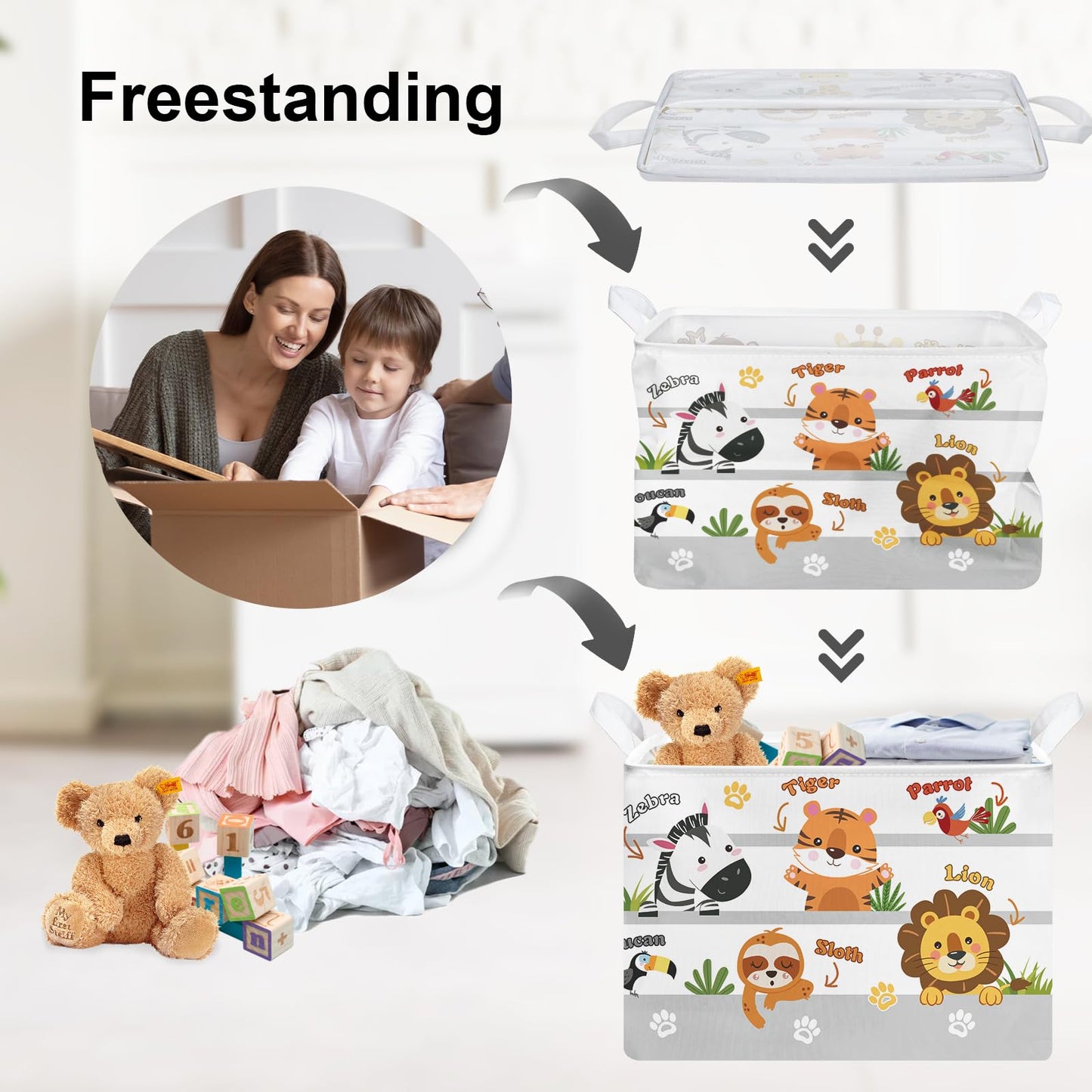 Clastyle Collapsible Cute Animal Zebra Kid Book Toy Storage Basket Tiger Lion Clothes Nursery Hamper for Bedroom Bathroom, 36L Yellow Tiger