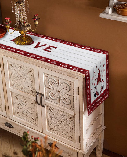 Valentine's Day Table Runner 70 Inches Long, Gnomes and Love Hearts on Wood Grain with Red Lattice Border
