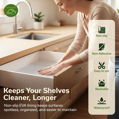EVALAND Shelf Liners for Kitchen Cabinets Non-Adhesive 17.7" x 33 FT Clear Drawer Liner Non Slip, Washable Cabinet Liner, Waterproof Shelf Liners for Cabinets, Refrigerator Bathroom Pantry - Thickened