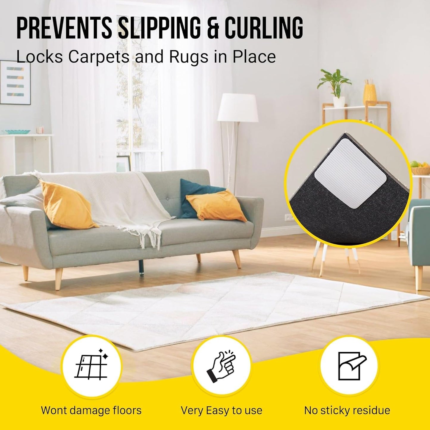Alien Grip Rug Gripper Carpet Tape - 20pcs, 4x4 in. Anti-Slip Hardwood, Tile Floor, No Damage - Double Sided Reusable, Non Slip Corner Rug Pads - As Seen on TV