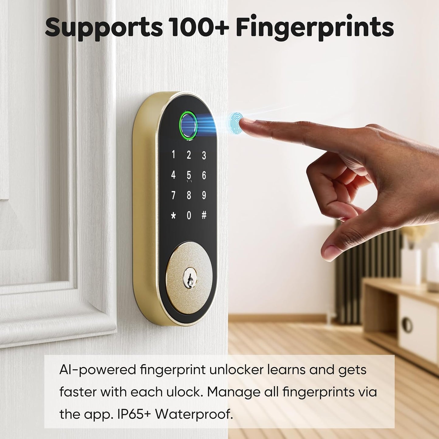 Keyless Entry Fingerprint Deadbolt Smart Lock: Digital Front Door Keypad with App Control, Electronic/Electric Deadbolt with Fingerprint & Code Access, Auto Locking, Easy to Install (Bright Brass)