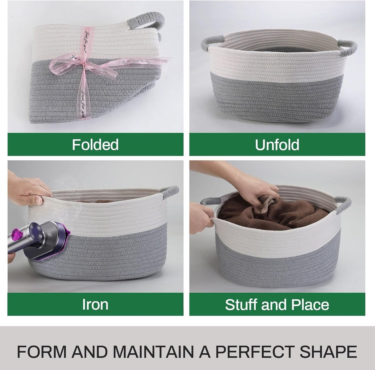 Cotton Rope Storage Basket with Handles, Medium Home Decor Basket, 17"L x 12.5"W x 8.5"H, Gray