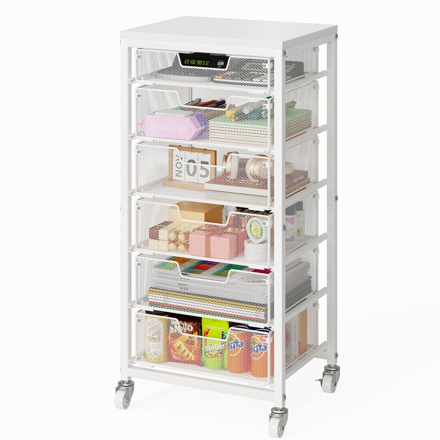 Sbanmao 6 Drawers Rolling Utility Cart, Rolling Storage Cart with Wooden Tabletop, Storage Drawer Cart on Lockable Wheels, Craft Cart for Bedroom, Classroom, Office, White