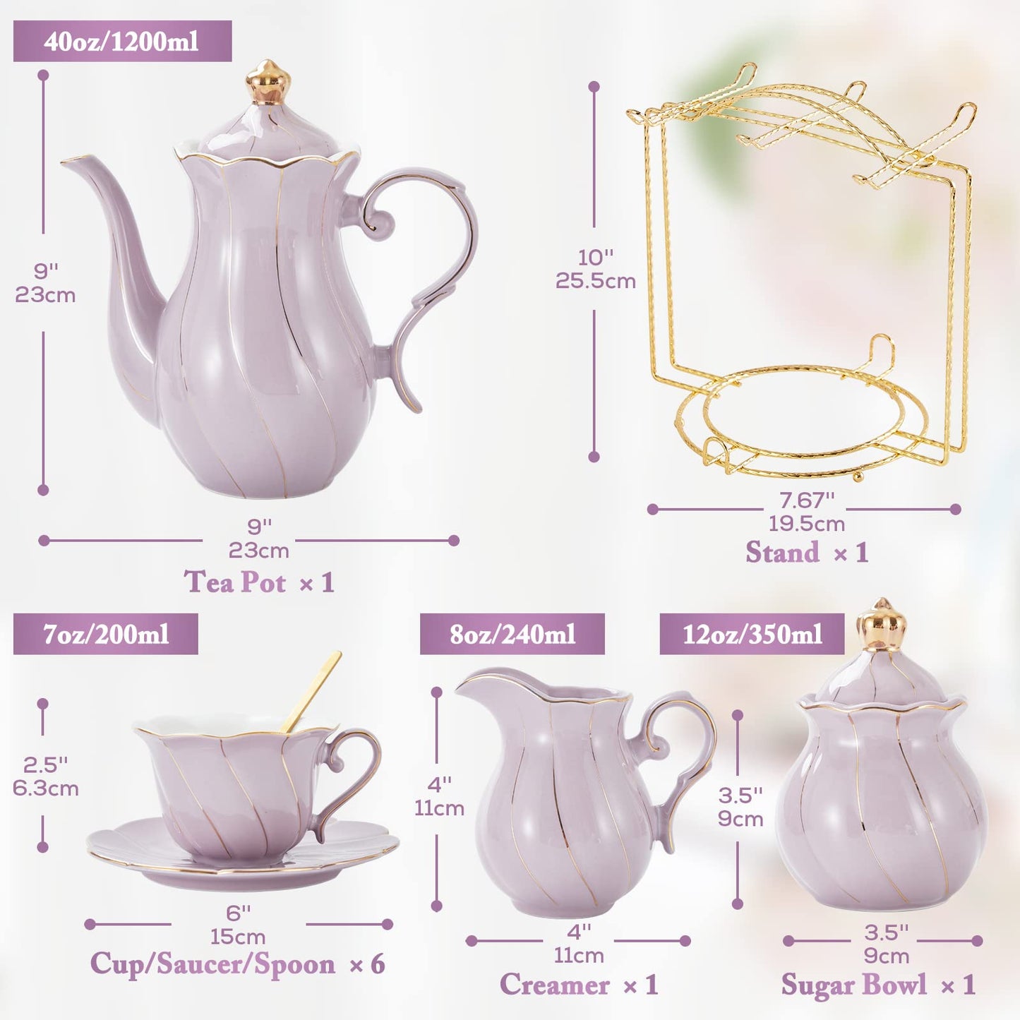 DUJUST 22 pcs Porcelain Tea Set for 6, Luxury British Style Tea/Coffee Cup Set with Golden Trim, Beautiful Tea Set for Women, Tea Party Set, Gift Package (With a Stand) - Purple