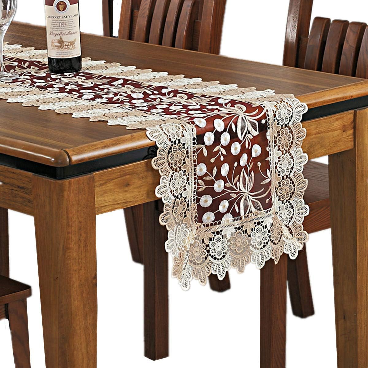 Lace Floral Embroidery Table Runner - Polyester Rectangle Transparent Dresser Scarf for Home Dining Room, 16 x 78
