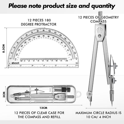 Zonon 12 Set Student Protractor and Compass Set, Student Geometry Math Set, Compass for Geometry and 180 Degree Math Protractor for Drawing Measuring School Office