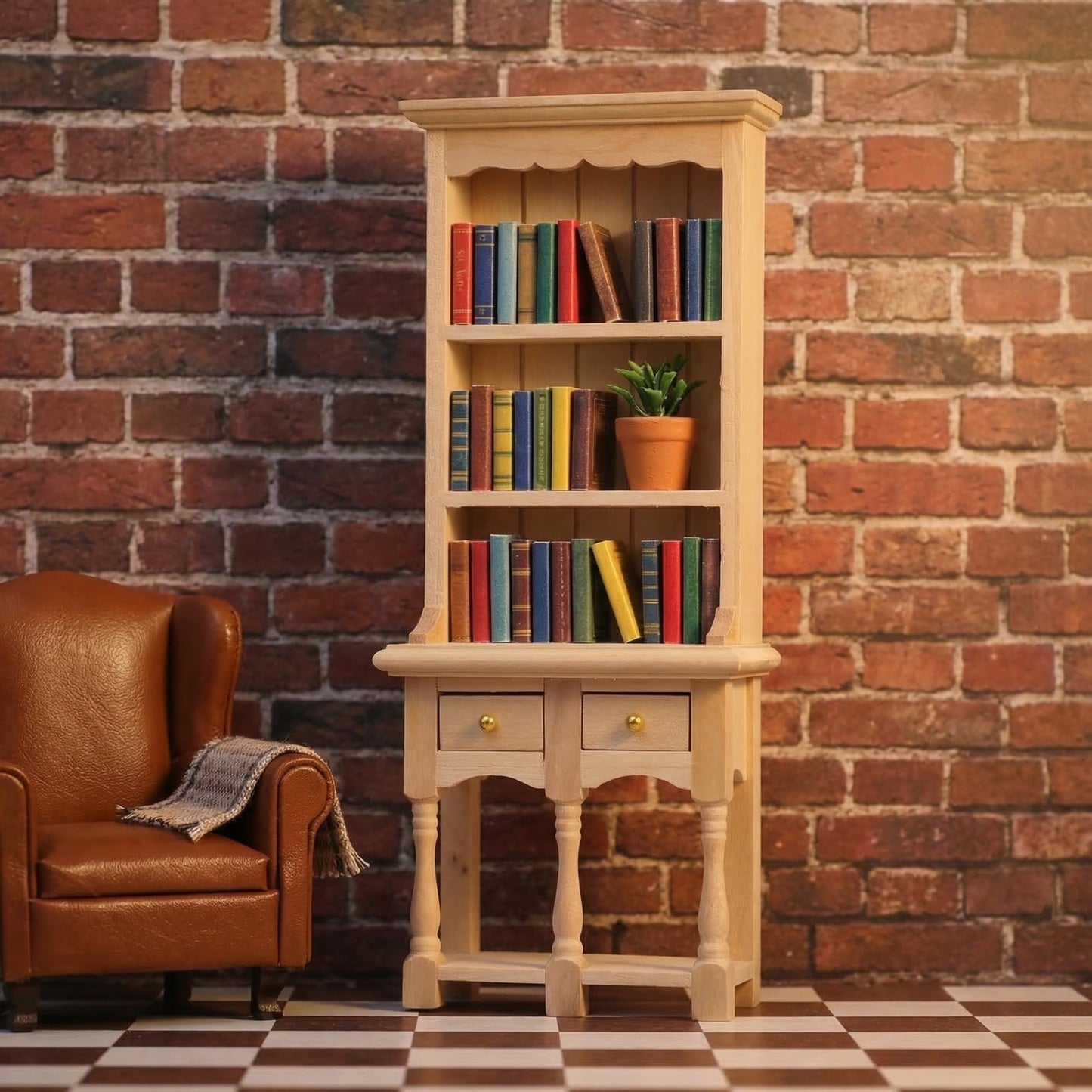 NUOBESTY 1:12 Scale Dollhouse Bookshelf, Miniature Wooden Cabinet with Drawers, Mini Display Shelf for Doll House Furniture Accessories, Tiny Library Study Room Decor Model