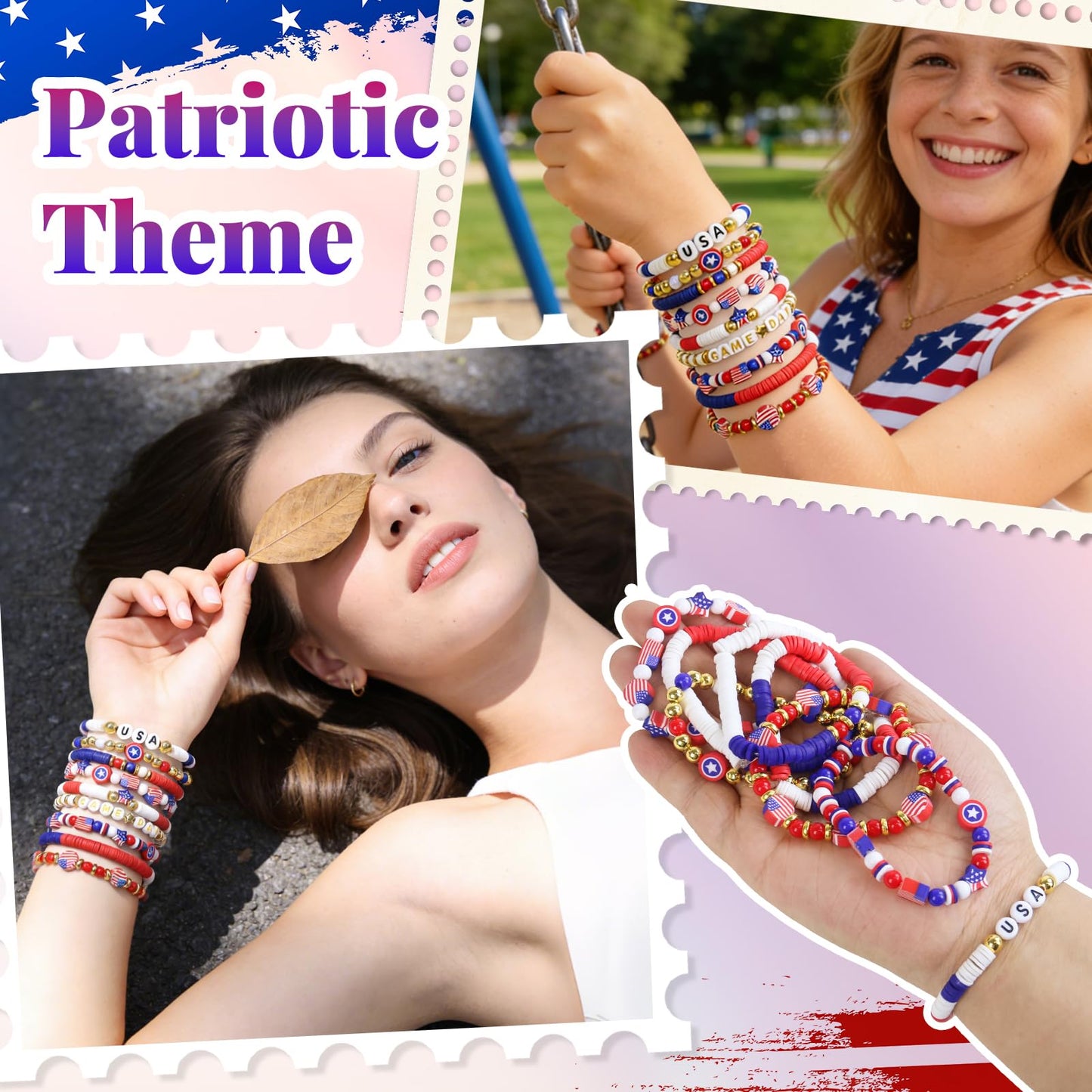 YXFEIR 2480pcs Clay Beads & Charms Jewelry Making Kit, 4th of July White Red Blue Beads Bracelet with Clay Beads Glass Seed Beads, Patriotic-Themed Bracelet Making Kit with Letter Beads and Charms