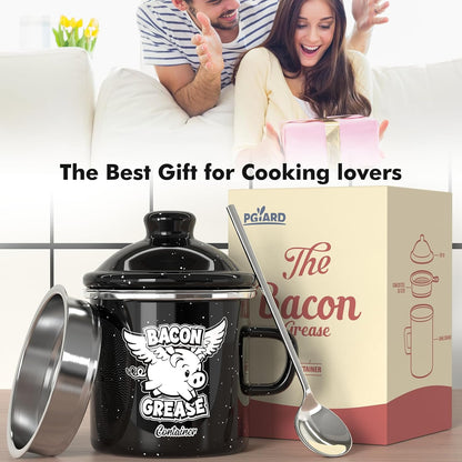 15OZ 15OZ) PGYARD Mini Bacon Grease Container With Strainer - Farmhouse Enamel Grease Saver (Black
