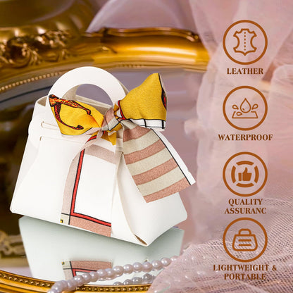 yadiana 12 Pack Pu Leather Purse Gift Bags with Handle, Cute Wedding Candy Purse Gift Boxes with Ribbon, Reusable Mini Party Favor Bags for Baby Shower Birthday Christmas Halloween Decoration (White)