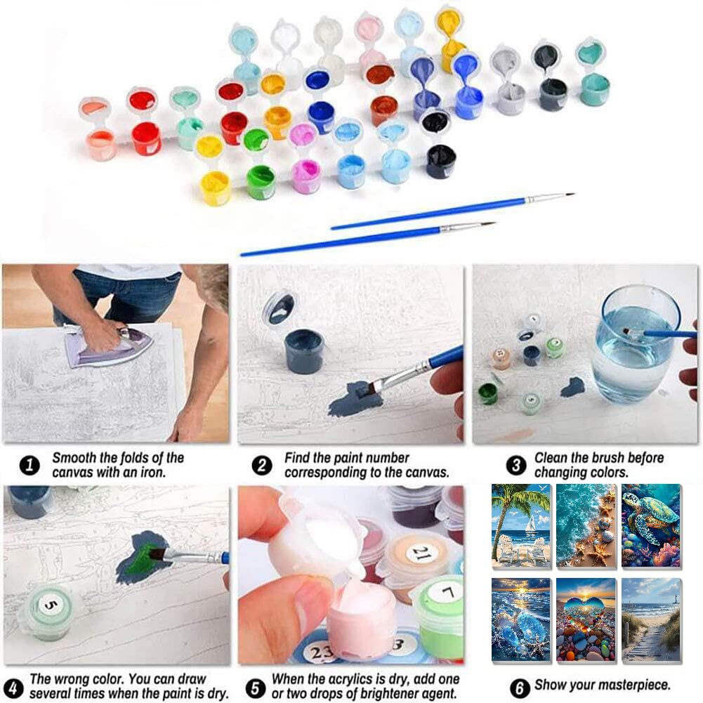 6 Pack Paint by Numbers Kits with Framed for Adults Beginners, Beach Paint by Number Kits on Canvas with Wooden Easel, DIY Acrylic Oil Painting Kits with Brushes for Home Wall Decor (8x12 inch)