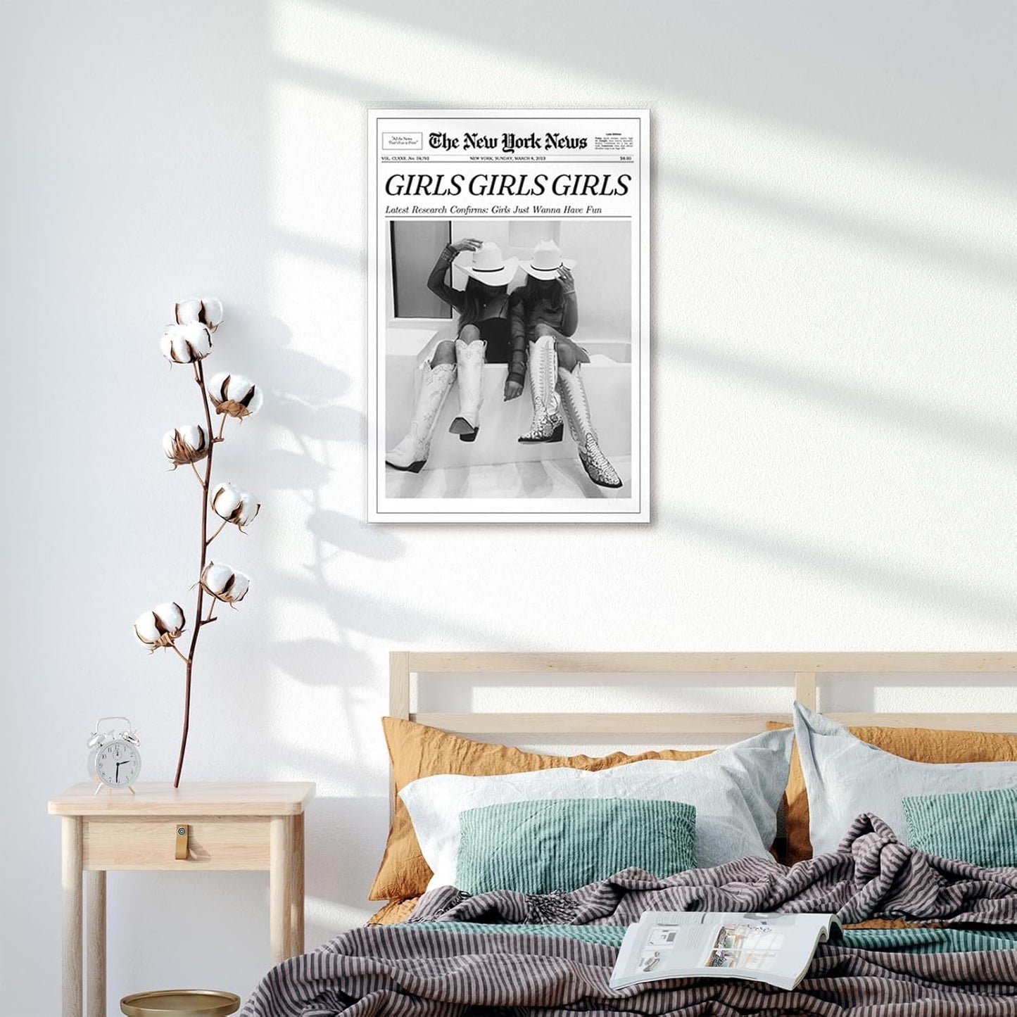 FBKDVC 24x36in Trendy Coastal Cowgirl Newspaper Wall Art Print Poster Black Canvas Wall Art Prints Girls Just Wanna