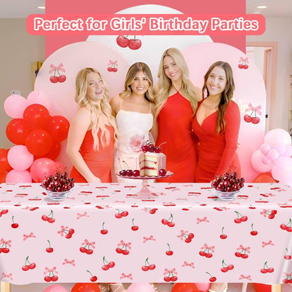 3pcs Cherry Birthday Decorations Tablecloths, Large Size Cherry and Bows Birthday Decorations Table Cloth for Cherries Themed Party, 54 x 108 Inch