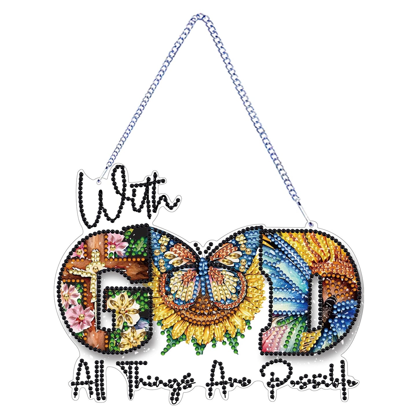 STGLCR DIY Butterfly Hanging Diamond Art Kit God, Acrylic Diamonds Painting Pendant Board Kit, 5D Gem Art Ornament Kit for Adults, Double Sided 7.8inch with God All Thing are Possible