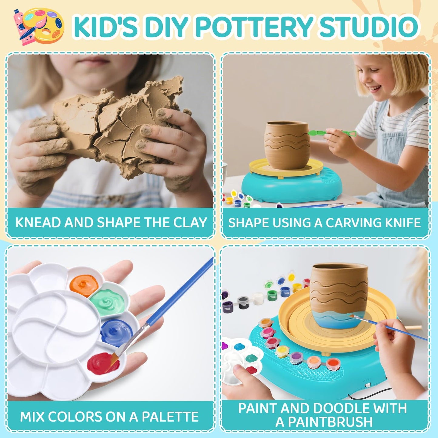 Pottery Wheel for Kids, Arts & Crafts Pottery Painting Toys Kit for Kids Ages 8-12, Art Supplies with 3 Pack Air Dry Clay and Clay Tools, Birthday Easter Gift for Girls Boys 6 7 8 9 10 11 12