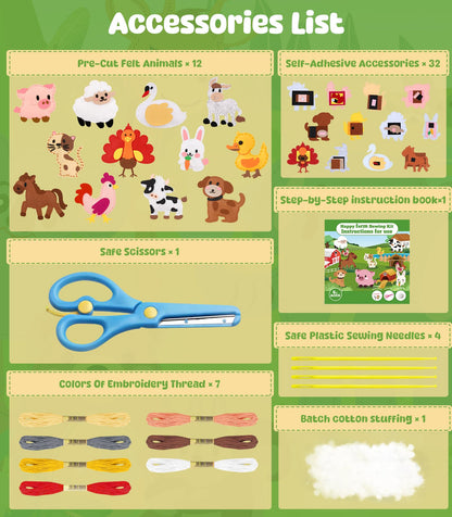 YEETIN Sewing Kit for Kids Ages 6+, Beginner Felt Sewing Craft Kit, DIY Farm Stuffed Animals Making Set, Learn to Sew Gifts for Birthday
