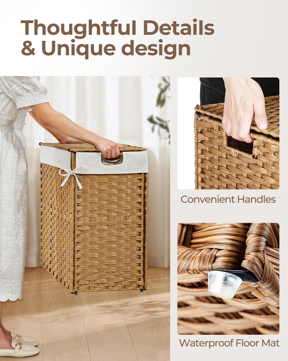 Greenstell Laundry Hamper with lid, No Install Needed, 110L Wicker Laundry Baskets Foldable 2 Removable Liner Bags, 2 Section Clothes Hamper Handwoven Rattan Laundry Basket with Handles, Natural
