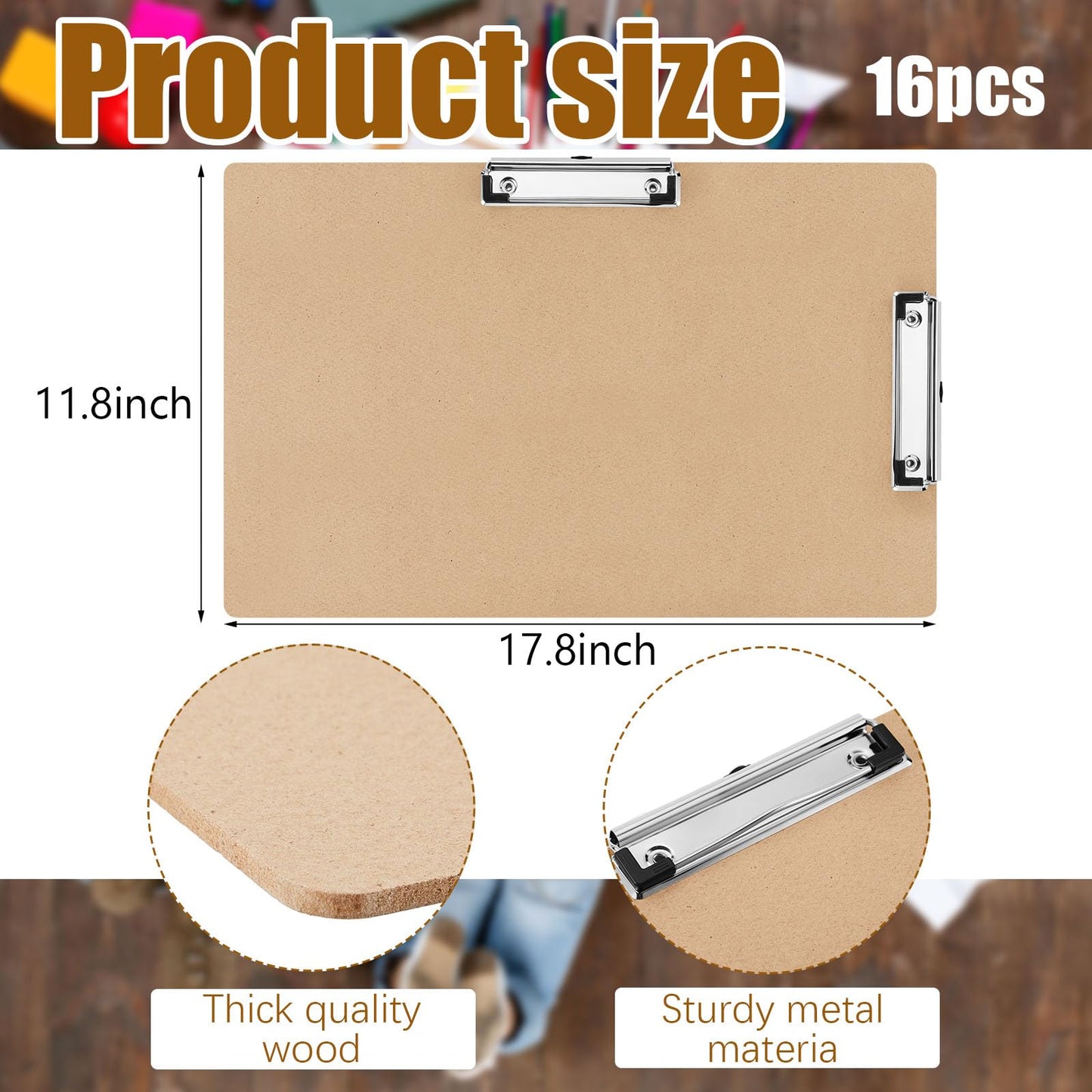Henoyso 16 Pcs 11 x 17 Clipboards Wooden Lap Boards with Low Profile Clip Double Clip, Extra Large Landscape Hardboard Drawing Boards Horizontal Brown Clipboard for Drafting Board & Sketch Board Use