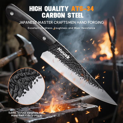 Huusk Chef Knife Japanese Kitchen - Hand Forged Viking Knife for Meat Cutting - Ideal Kitchen Knife Made From a Single Piece of High Carbon Steel Christmas Gift for Men and Women